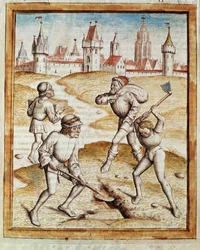 Nalezení pokladníka na předměstí opevněného města Miniatura převzatá z německého překladu bajek „Kalila (Calila) a Dimna“ od Bidpaie. (ms. 1389, fol. 1) kolem 1480 Chantilly, muzeum Conde