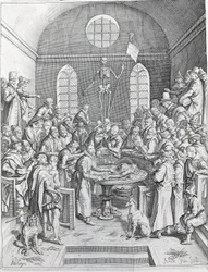 Pitva Skupina lékařů a vědců se znovu sešla, aby sledovala pitvu v amfiteátru. Rytina z roku 1788