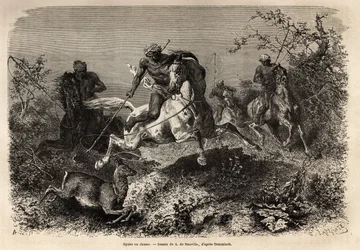 dyakové (původní na Borneu) lovecké, jezdecké a lasové zbraně. Rytina pro ilustraci plavby v malajském souostroví, od Alfreda Russella Wallace, v letech 1854-1862, publikovaná v „“Le tour du monde“““ 1870-1871, editoval Edouard Charton, Hachett