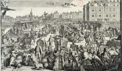 Ostuda Pont Neuf v Paříži. Ilustrace dopravy a dopravních zácp v ulicích Paříže v 18. století. Rytina z roku 1710. Paříž, Musee Carnavalet