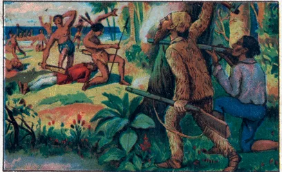Boj s divochy. Ilustrace ke knize Daniela Defoe (Defoe) „“ Robinson Crusoe““. Chromolitografie konce 19. století.