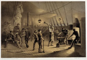 Kovárna na palubě. Noc 9. srpna příprava ifonového pokovení pro naviják – v „The Atlantic telegraph“ od W. H. Russela, ca. 1860