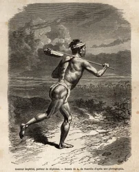 Císařský běžec, nesoucí mikádo depeše. Rytina pro ilustraci plavby do Japonska v letech 1863-1864 od Aime Humberta, ministra Švýcarské konfederace, v „“ Le tour du monde, nouveau journal des voyages““ vydaném pod vedením Edouy