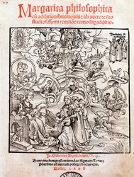 Svobodná umění: trivium (gramatika, logika a rétorika) a kvadrivium (aritmetika, geometrie, hudba a astronomie) (rytina)