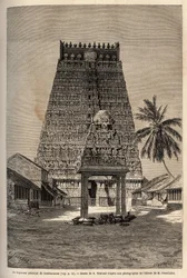 Hlavní gopuram chrámu Rámy a Combaronum, skládající se z 11 pater a zakončených 11 koulemi, různé tváře této pyramidové věže jsou zcela pokryty sochami.