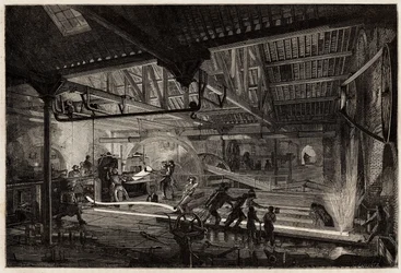Výroba kolejnic ve starých kovárnách Le Creusot, ocelové pásy, bílé žárem, se rozprostírají v kolejnicích mezi válcovnami. Rytina pro ilustraci plavby na Creusot a doly Saone a Loire v roce 1865 od L. Simonina v „“ Le tou