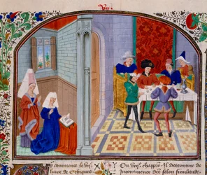 Miniaturní hra z rukopisu „Komentář k etice“ od řeckého filozofa Aristotela (383–322 př. n. l.) v překladu Nicolase Oresma (1325–1382)