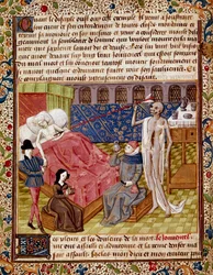 Pacient je zasažen Miniaturní smrtí převzatou z „“Le Tresor de Sapience““ (nebo „Le traite du jardin amoureux“) od Jean Gerson (1363-1429) Chantilly z 15. století, Musee Conde