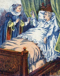 Princ ukazuje prsten své matce. Anonymní ilustrace k příběhu „Oslí kůže“ od Charlese Perraulta (1628-1703), francouzského spisovatele. Snímky Marcel Vagne, Jarville Nancy, nedatováno (konec 19. století).