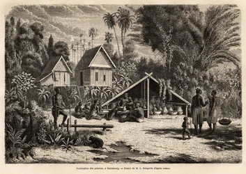 Výroba keramiky v Saniaboury (Laos). Rytina k ilustraci průzkumné cesty v Indočíně od Francise Garniera, poručíka de Vaisseau, v letech 1866-1868, publikovaná v „“Le tour du monde“““ 1870-1871, editoval Edouard Charton, vydání Hac