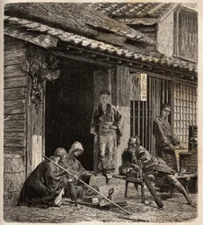 Na prahu vesnického hostince v Japonsku slouží hostesky jako hostitel pro své obvyklé hosty. Rytina k ilustraci plavby do Japonska v letech 1863-1864 od Aime Humberta, ministra Švýcarské konfederace, v „Le tour du monde, nouveau journal des vo