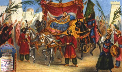 Triumfální vjezd Saladina (1138-1193) (Salah al Din Yusuf al-Ayyubi (al Ayyubi), vezír, do města Jeruzaléma v roce 1187. Liebigova chromolitografie 19. století.