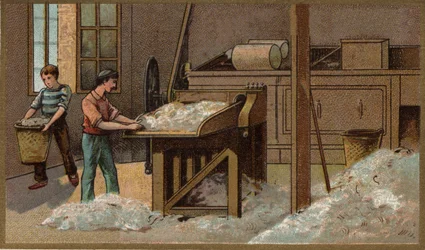 Vlněný průmysl: mlácení. Chromolitografie konce 19. století
