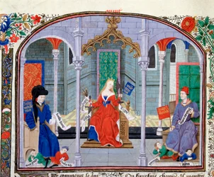 Teorie spravedlnosti. Miniatura z rukopisu (Ms 927 Fol.71v) „“ Komentář k politické a ekonomické etice““ řeckého filozofa Aristotela (383-322 př. n. l.) přeložil Nicolas Oresme (1325-1382)