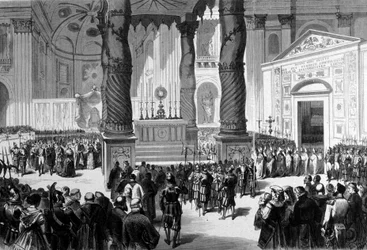 vatikánský koncil I. Řím. Preláti přecházejí přes baziliku svatého Petra do Radního sálu. 1870