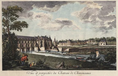 Pohled a perspektiva hradu Chenonceau v Indre-et-Loire (Francie), rytina z 18. století