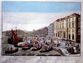 Pohled na Hotel de Ville a část marseillského přístavu Scéna obchodních aktivit a vykládky zboží na přístavišti. Anonymní rytina z 18. století Marseille, Musee de la Marine