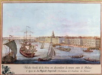 Pohled na Něvu v Zimním paláci a Akademii věd v Petrohradu. Tisk kolem roku 1753. Paris, B.N.