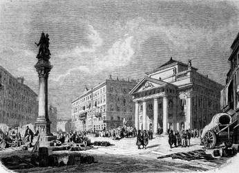 Pohled na náměstí Place de la Bourse v Terstu (v rakouském období), rytina z 19. století