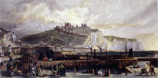 Pohled na město Dover a jeho vysoké bílé křídové útesy v Anglii. 1850.