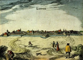 Pohled na město Lipsko v Německu. 18. století rytina