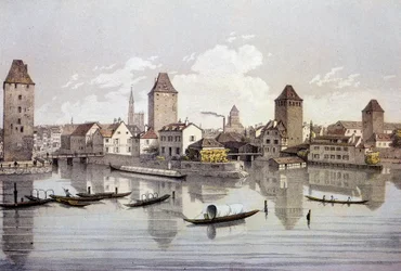 Pohled na město Štrasburk na Rýně. Rytina 19. století Paris, B.N.