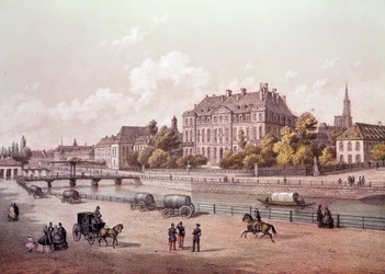 Pohled na město Štrasburk na Rýně. Rytina 19. století Paris, B.N.
