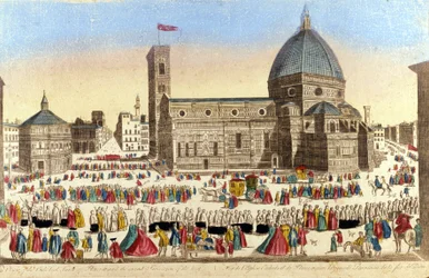 Pohled na velkou florentskou katedrálu (Duomo Santa Maria del Fiore), kterou realizoval Filippo Brunelleschi, v den procesí svatého Boha. cca 1790