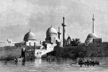 Pohled na mešitu Mosul (Ninive) v Iráku. 19. století rytina.