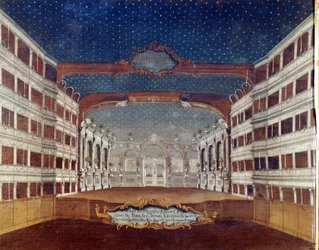 Pohled na divadlo San Samuele (Samuel) v Benátkách zničené požárem v roce 1747. Kresba z 18. století.