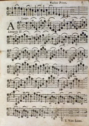 Housle. Notová stránka pro Balletto a 3, op. 3 od Tomaso Albinoni (1701)