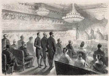 Návštěva Viléma I. Pruského (1797-1888) v Compiegne: gala show v palácovém divadle za přítomnosti Napoleona III. (1808-1873) - Rytina do „“The Illustrous World““