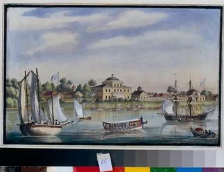 "Vnější pohled na palác Yelagin (Yelagin) na ostrově Yelagin v Petrohradě v Rusku"" Akvarel cca 1840 Státní muzeum AS Puškina, Moskva