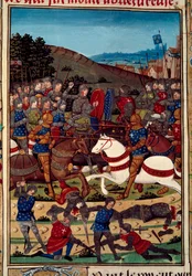 Válka Ligy veřejného dobra (neboli vzpoura šlechticů): bitva u Montlhery dne 16. 7. 1465 mezi Ludvíkem XI. (1423-1483) a Karlem hrabětem z Charolais (budoucím Karlem Temerairem) (1433-1477). Miniatura iluminovaná z rukopisu „“ Vigiles du r