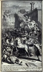 Když se dvě armády připojily k východu úsvitu, Jupiter poslal Iris, aby řekla Hectorovi, aby odstoupil z bitvy a vrátil se, až když bude Agamemnon bolet, bude nucen se vzdálit z bojiště. Ilustrace knihy XI z Homérovy Iliady, Frenc