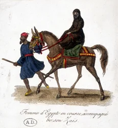 Žena z Egypta běží, doprovázena svým zaïs - rytina, deb. 19. století