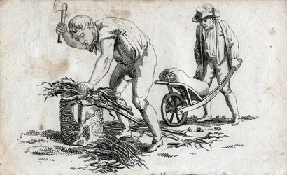 Dřevaři dělající balíky dřeva a muž nesoucí balíky na kolečku. Koncová rytina 18. století. Soukromá sbírka.