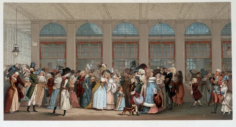 Světová procházka v dřevěné galerii Palais Royal, konec 18. století - chromo podle rytiny Debucourt