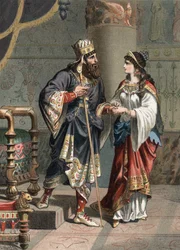 Xerxés I., achaimenovský král Persie (519-465 př. n. l.), se svou manželkou Amestris. Rytina z roku 1881 v díle „El Culto de la Hermosura“ od Juana Justa Hugueta, Molinas Hermanos Editores