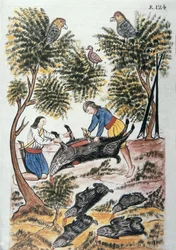 Mladí Indiáni motilones porážejí divoké prase, z knihy „Trujillo del Peru“ nebo „Códice Martínez Compañón“, od Baltazara Martineze Compañóna y Bujandy, biskupa z Trujillo (1782-1785)