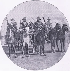 Búrové ozbrojení puškami a deštníky, z After Pretoria: The Guerilla War vydané Harmsworth Bros Limited