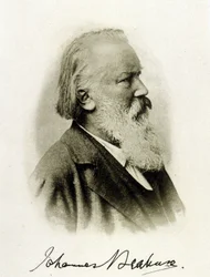 Portrét Johannese Brahmse (1833 - 1897), německého skladatele na autogramové fotografii.