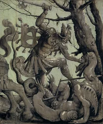 Saint George Fighting the Dragon, cca 1520 (tempera na lipovém dřevě)