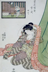Hodina draka, Pátá až sedmá hodina rána, Kol 1818, Ukiyo-e umělecký tisk Utagawa Kunisada (1786-1865) z roku Dvanáct hodin v Yoshiwara, Oban-tate-e dřevoryt, 37x24,9 cm