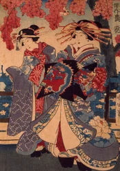 Dvě ženy v květinové zahradě, Utagawa Kunisada, dřevoryt, kreponová technika