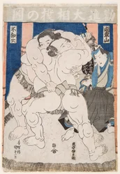 Souboj sumo zápasníků. Známka Utagawa Kunisada (1786-1865) - Zápasníci sumo v akci, od Kunisada (Toyokuni III), Utagawa (1786-1865). Barevný dřevoryt. Rozměr: 37,5 x 26 cm. Soukromá sbírka