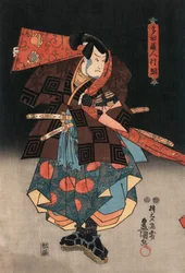 Tisk ukiyo-e herce hrajícího samuraje od Kunisady