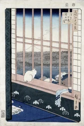 Rýžová pole v Asakuse během Slavnosti kohouta, ze série „Meisho Edo Hyakkei“ (Sto slavných pohledů na Edo), 1861