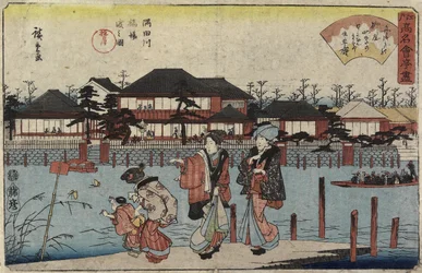 Přejezd přes řeku Sumidu v Hašibě, restaurace Yanagiya, 1830-1844