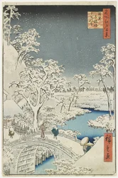 Drum Bridge a Sunset Hill v Meguro, duben 1856